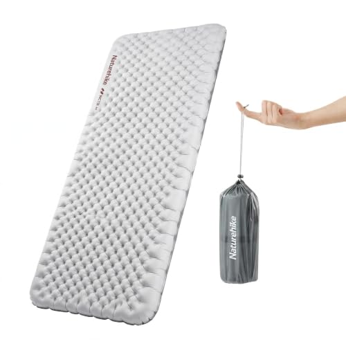 Naturehike PFAS-Free Ultralight Sleeping Pad with R5.8, 3.2in Thickened Patchworkable Inflatable Backpacking Sleeping Pad for Camping, Hiking, Climbing with Inflatable Bag (Silver-Rectangular-Large)