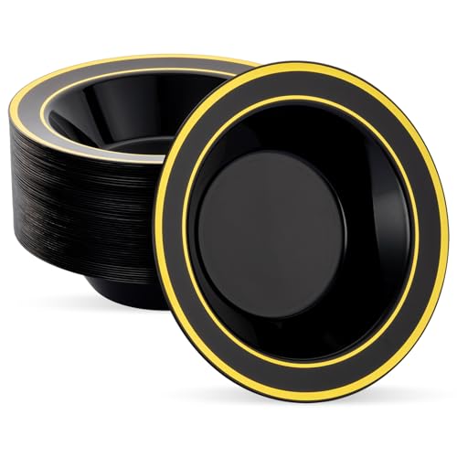 realluck 50 Pack Black Disposable Soup Bowls with Gold Rim 12oz Disposable Soup Bowls Disposable Soup Dessert Salad Bowls for Wedding/Party/Catered Events