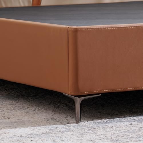 Image of Home Centre | Tiffany Caramel Faux Leather King Size Bed | Solid Wood | Beige | 1 Year Warranty