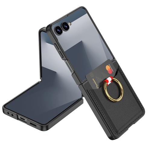 Kapak, Samsung Galaxy Z Flip 7 ile Uyumlu Kılıfı Kartlıklı Yüzük Standlı İnce Tarz Kıpta Kıpta Siyah