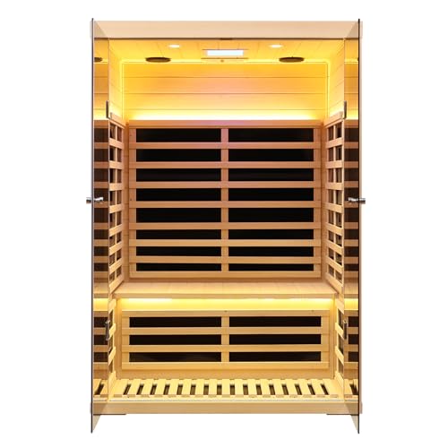 KUNSANA Hemlock 2 Person Low EMF Far Infrared Sauna, Home Indoor Sauna, Luxury Tempered Glass Doors, 1780w, App & LCD Panel Control, Chromotherapy Lights, Reading Lights, Bluetooth Speakers