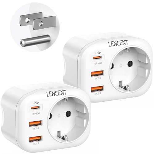 LENCENT 2X Adaptador Enchufe USA/EE.UU, Adaptador Americano de Viaje con Carga Rápida QC3.0+PD20W, Europa España Portugal 2-Pin a 3-Pin EE.UU para México, Canada, Tailandia, Perú, Colombia, Tipo B
