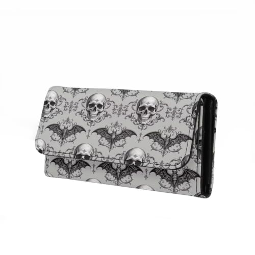 Image of AFPANQZ Womens Wallets Leather Clutch Long Wallet for Women Card Holder | Halloween Bat Skull Print Thin Ladies Credit Card Holder Purse, Cute Leather Bifold Clutch