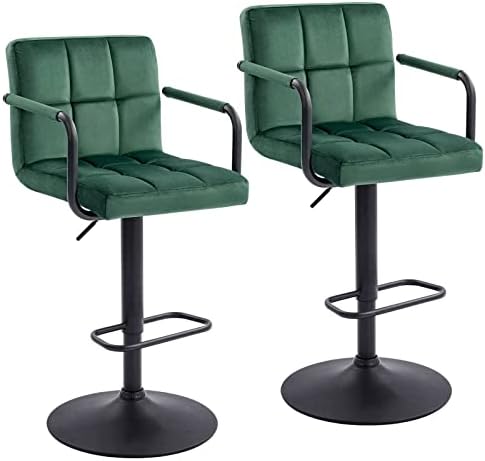 Furnimart Adjustable Bar Stool Swivel Barstools Set of 2 Counter Stools with Armrest and Footrest Upholstered Bar Chairs for Kitchen and Dining Room (Velvet-DarkGreen)
