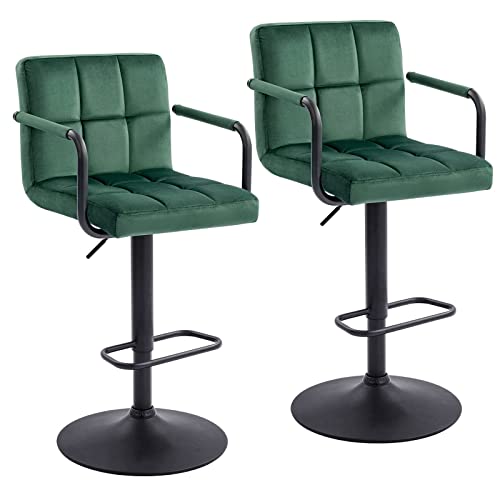 Furnimart Adjustable Bar Stool Swivel Barstools Set Of 2 Counter Stools With Armrest And Footrest Upholstered Bar Chairs For Kitchen And Dining Room (Velvet-Darkgreen) #TOP2