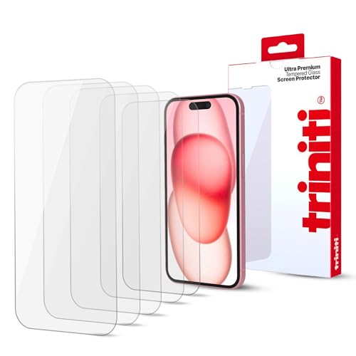 TRINITI 5-Pack, Full Coverage Screen Protector designed for iPhone 15, 6.1-Inch, Anti Scratch, Impact Protection, 9H Hardness Tempered Glass Film Case-Friendly, HD Clear