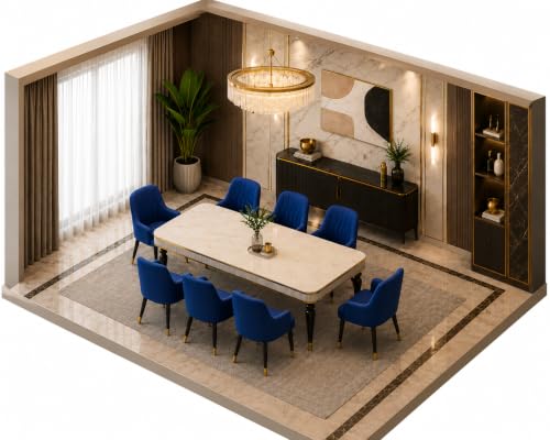 Image of 8 Seater Dining Table Set with Nano Composite Marble Top, Solid Wood Base & 8 Upholstered Chairs, Modern Dining Table Set for Home & Dining Room Furniture