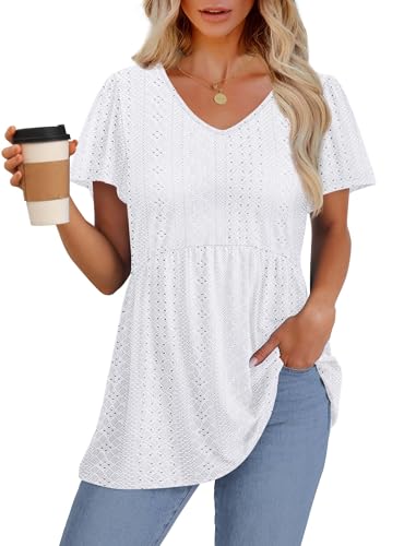 Image of OFEEFAN Womens Summer Tops Babydoll Short Sleeve Shirts Puff Sleeve Peplum Tops V Neck T Shirts
