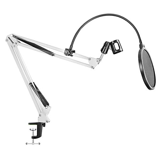 Neewer Skrivbordsmikrofon upphängningsbom saxarm stativ med mikrofon klämmhållare, bordsmontering klämma och popfilter vindruta mask skärmsats för studiosändning, sjungande, inspelning (vit)