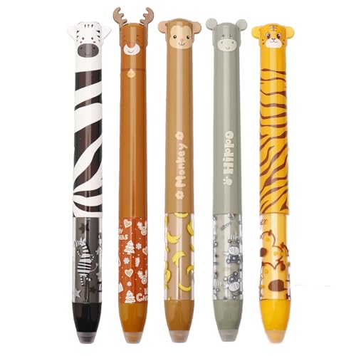 Nurila Juego de 5 bolígrafos borrables, diseño de animales, 0,5 mm, bicolor rojo y azul, con goma de borrar, ideal para oficina y escuela, motivos de ciervo, cebra, tigre, mono, hipopótamo