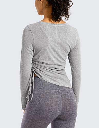 Crz Yoga Women's Pima Cotton Workout Long Sleeve Shirts Adjustable Drawstring Side Ruched Athletic Tops Heathered Medium Grey X-Small #TOP1