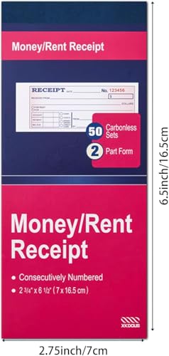 XKDOUS 2 Pack Money and Rent Receipt Book, 2-Part Carbonless, 2-3/4\" x 6-1/2\" Receipt Book for Small Business, 50 Sets per Book