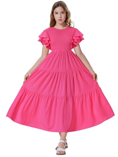 Mebius Girls Maxi Long Smocked Dresses Kids Boho Summer Flowy Ruffle Sleeve Tiered Flutter Sleeve A-line Dress 6-12Y2