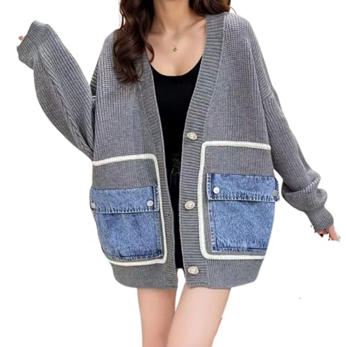 Image of FindThy Women's Casual Button Up Cardigan Oversized Long Sleeve Jean Patchwork Sweater Cardigans