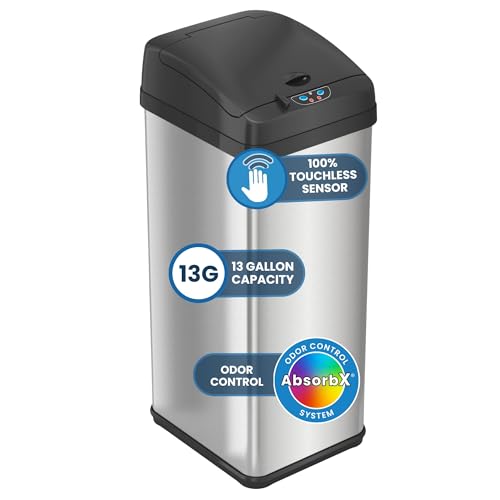 iTouchless 50 Liter / 13 Gallon Sensor Dog-Proof Kitchen Trash Can with Lid Lock and AbsorbX Odor Filter, Touchless Lid, Stainless Steel Garbage Recycling Bin for Kitchen, Home, Office, Business