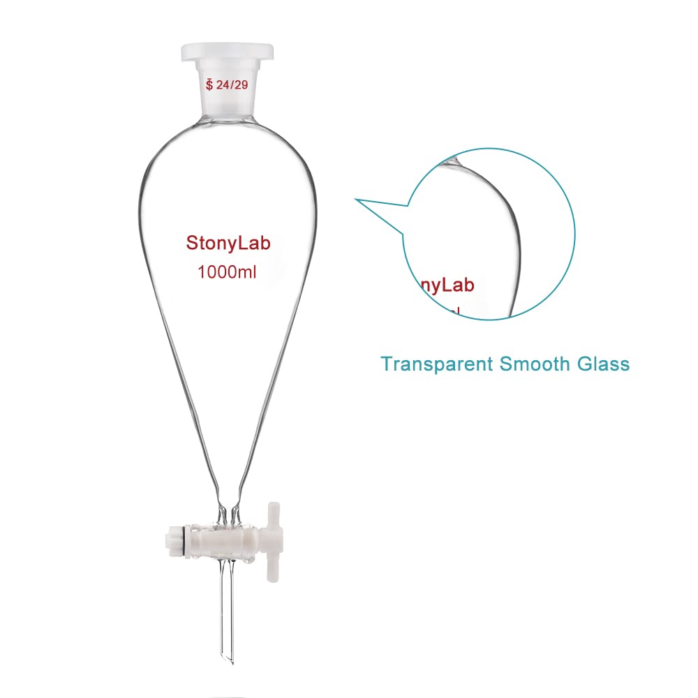 StonyLab Imbuto Separatore Conico da 1000ml in Vetro Borosilicato Pesante con Giunti 24/29 e Rubinetto di Chiusura in PTFE Conical Separatory Funnel - 1000ml