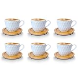 Kaffeetassen Espressotassen Cappuccinotassen mit untersetzer Holz Optik Porzellan 6 Tassen + 6 Untersetzer Weisse Kaffeetassen Set (Tasse 200 ml - Model 2)