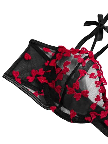 Image of Lilosy Sexy Underwire Cute Push Up Strappy Embroidered Mesh Sheer Lingerie Set See Through Panty Bra