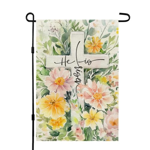 CROWNED BEAUTY Easter Cross Garden Flag He Is Risen 12x18 Inch Double Sided for Outside Small Burlap Religious Floral Holiday Yard Decoration CF1732-12