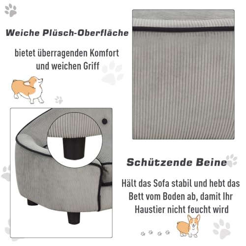 PawHut Haustiersofa, Hundebett, Hundematte, Hundesofa, Naturholz+Plüsch, Grau, 66,5 x 45 x 35,5 cm