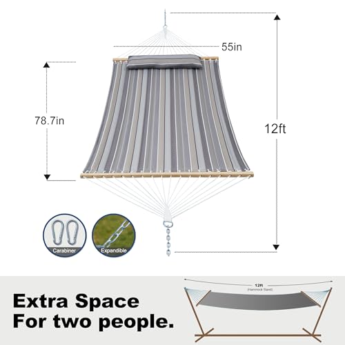 Image of GAFETE Hammock 2 Person Quilted Fabric Hammocks for Outside, Double 12ft Hammocks with Spreader Bar, Large Removable Pillow, Storage Bag, Carabiners, Max 475 lbs Capacity (Peace Dove Grey)