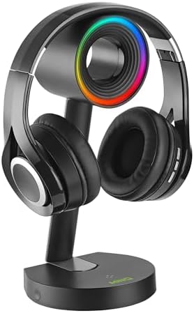 MINQ RGB Ring Headphones Stand With Wireless Charger - USB Hub & Aux Port Gaming Accessory