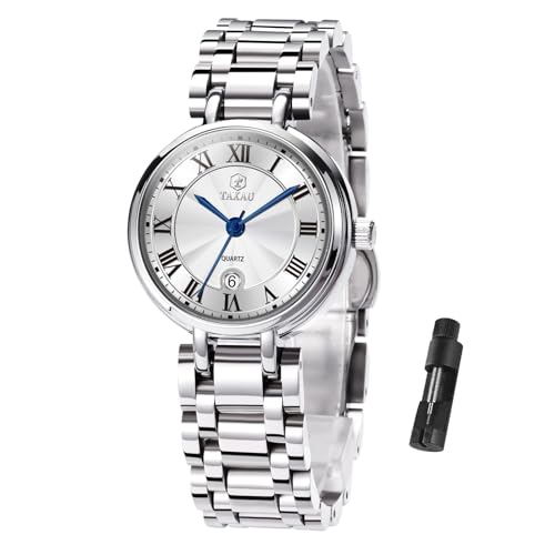 Taxau Silver Women Watch Fashion Stainless Steel Waterproof Watches for Women White Face Luxury Analog Womens Wrist Watch Quartz Classic Day Date Ladies Watches