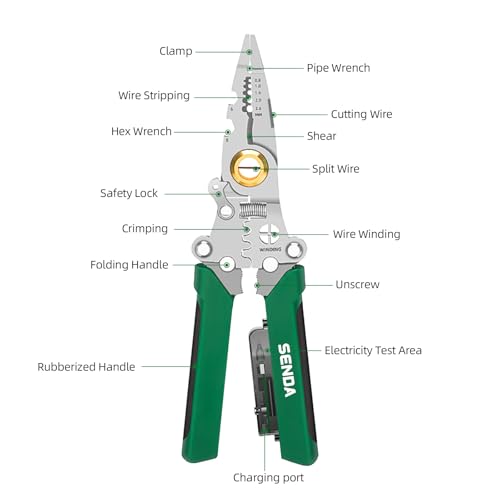 Image of 12 in 1 Foldable Wire Stripper with Electricity Measurement Function, Multifunctional Professional Electrician's Pliers, Cable stripping pliers for cutting (Green, Wire Stripper (Centre Split) 8 inch)
