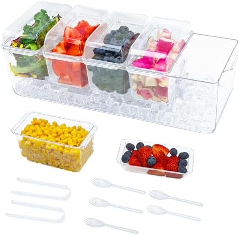 Taco Bar Serving Set for a Party, 5 Removable Compartments, Clear PP Tray, Large Ice Chilled Condiment Caddy Organizer with Components, Taco Bar Supplies for Taco/Nacho Bar, Salad, Fruits