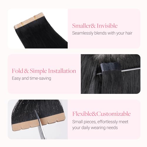 Image of GOO GOO Tape in Hair Extensions, Soft Skin Weft Seamless, Remy Human Hair | Mini Tape Cut to Fit, Easy Install, 16 Inch 40g 10PCS, 1B Natural Black
