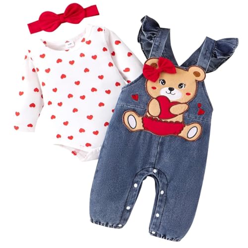 QUNERY Baby Girls Clothes Floral Tops Bodysuit Bear Dungarees Adjustable Overalls Outfits Set Red heart bear 0-3 months