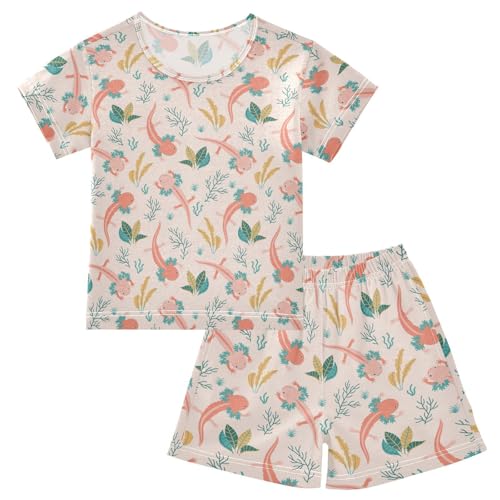 Pajama Short Sets Axolotl and Plant Soft Cotton Summer Sleepwear 2 Piece PJS Size 5-14T