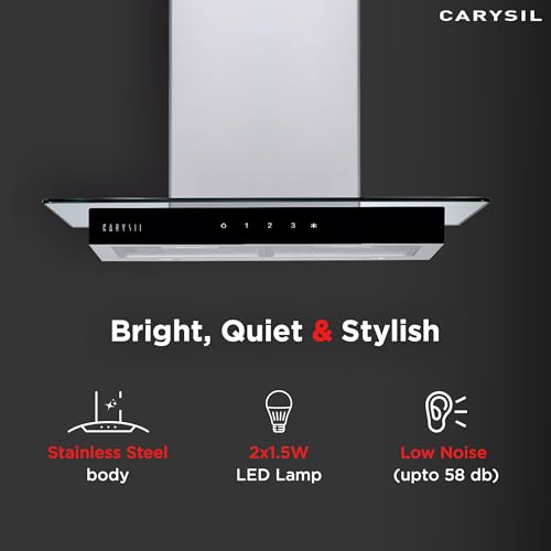 Image of Carysil Gusto 90 cm Kitchen Chimney, 1000 m /hr Suction Capacity, Baffle Filter Autoclean Chimney, 3-speed Touch Controls, Metal Housing, Inox Body & Tempered Finish, 7-year Motor Warranty