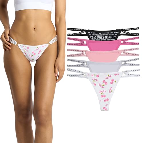 Juicy Couture Women's Strappy Stretch Logo Thong Underwear Set, 5-Pack (US, Alpha, Medium, Regular, Regular, JC Cherry/Cinderella/Lola Pink/Sweet Raspberry/JC Block Logo)