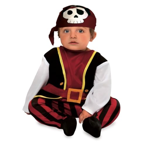 My Other Me - Disfraz Pirata Bebé Unisex, talla 12-24 meses. Incluye mono con pantalón de rayas rojas y negras, camisa roja, chaleco negro con ribete amarillo, mangas blancas y pañuelo con calavera.