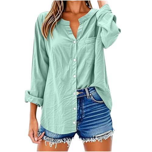 Tunic Tops to Wear with Leggings Casual V Neck Button Down Shirts Loose Long Sleeve Cotton Linen Blouses with Pocket4