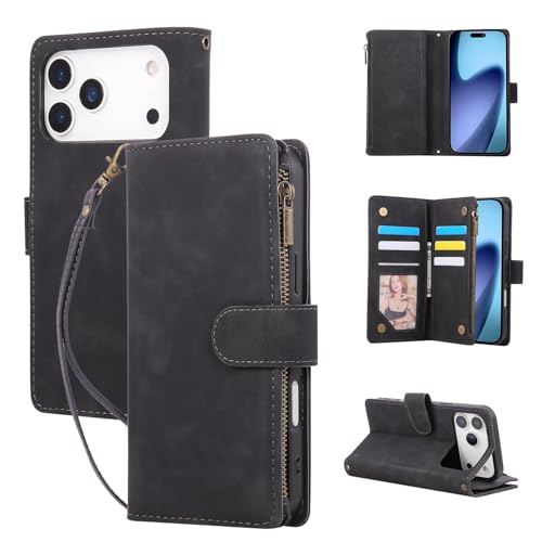 Étui portefeuille iPhone 17 noir anti-perte avec rabat et fermeture éclair