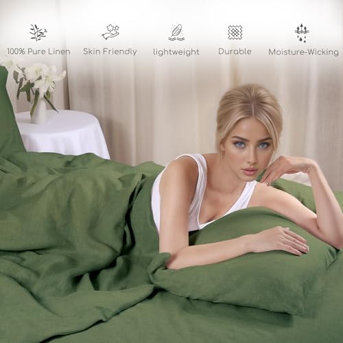 100% Linen Sheets Set Queen Size, Natural Pure Flax 4 Piece Bed Sets, 16" Deep Pocket, Breathable Cooling Bed Soft Durable Bedding, Machine Washable (Mossy Green,Queen) - Thumbnail 5