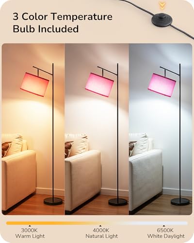 Image of EDISHINE Pink Modern Floor Lamps for Living Room, 64.7 inch Arc Standing Lamp | 3CCT LED Bulb Included, Adjustable Linen Shade, Foot Switch, Tall Light for Office, Bedroom, Living Room
