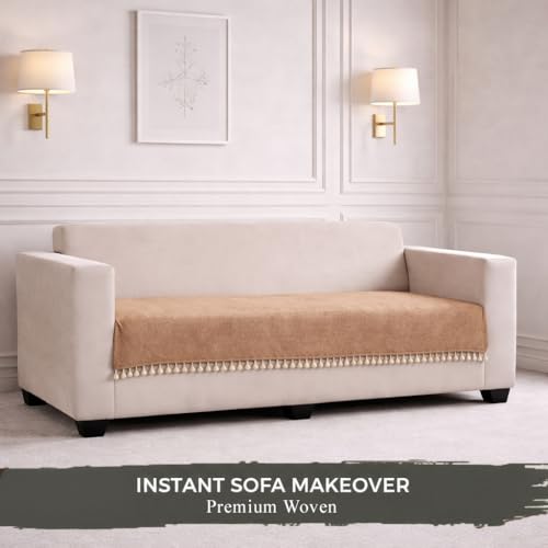 Image of STITCHNEST Beige Chenille Sofa Cover 70x60 Inch - Soft, Durable & Textured Fabric with Tassels | Full Coverage Sofa for Living Room, Bedroom, or Drawing Room7