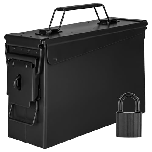 Trucky Caja de municiones con cerradura 28x10x18 cm, caja de metal con tapa, caja de almacenamiento de municiones del ejército, negro, metal