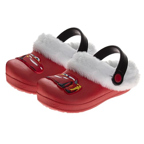 Josmo Cars Clog Sandals with Fuzzy Fur Winter Fleece Backstrap - Closed Toe Clogs Slipon Slide Kids Sandals for Boys - Red Flame Size 7-8 Toddler