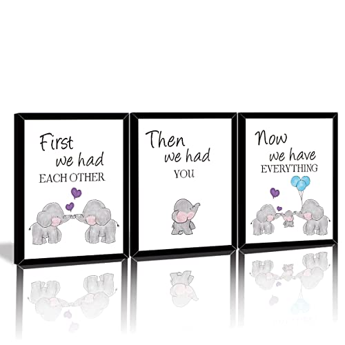 Image of KAIRNE Watercolor Elephant Family Framed Canvas Wall Art,First We Had Each Other Quote Art Print With Black Frames,Nursery Animal Love Words Picture Ready to Hang For Kids Room Decor