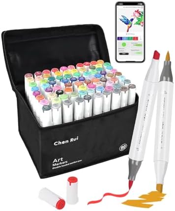 YHC 80 Alcohol Brush Marker with Free App, Chen Rui Dual Tips Art Markers for Adults, Alcohol Based Brush & Chisel Tips Markers for Drawing, Coloring, Painting, Sketching