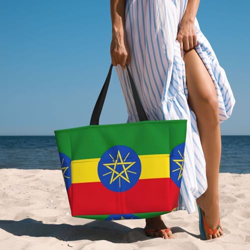 Large Capacity Beach Bag Waterproof Pool Tote for Gym Swimming Camping Carry On Bag Flag of Ethiopia Print3