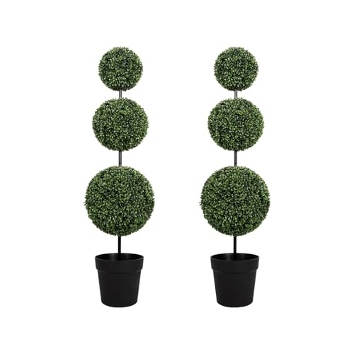 VIVATREES 3FT UV-Resistant Artificial Triple Ball Boxwood Topiary Set of 2, All-Weather Outdoor & Indoor Decor for Garden, Porch, Entryway