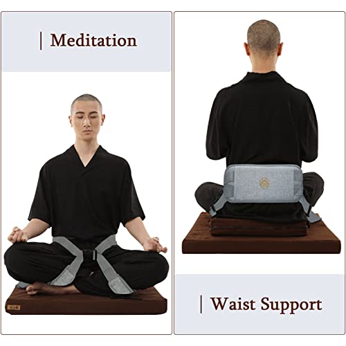 Person sitting cross-legged with a meditation seat belt and lower back support strap for seated posture awareness.