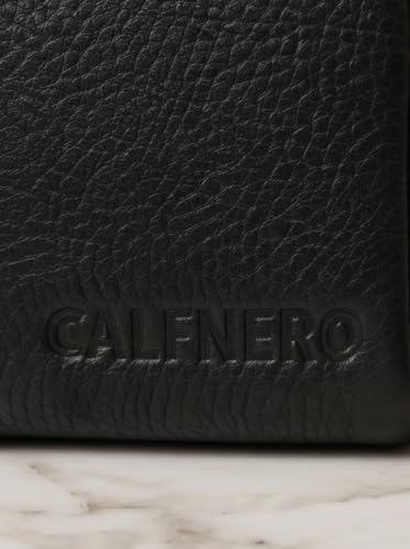 Image of Calfnero Genuine Leather Toiletry Bag for Men & Women | Premium Leather Travel-Pouch | Toiletry Organizer | Cosmetic & Shaving Kit Bag | Unisex Travel Dopp Kit (Black)