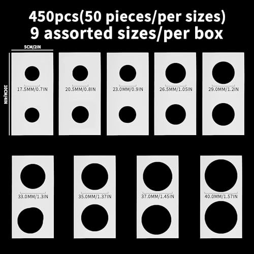 450PCS Coin Flips in 9 Sizes Cardboard Coins Holders 2x2 inch Pockets Coin Collection Supplies Album Display Coin Book for Dollars, Penny, Quarter, Nickels FC01MX9