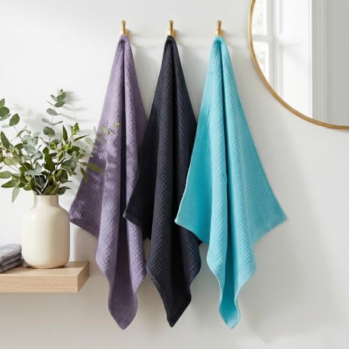 Image of Mush Bamboo Dual Texture Waffle Terry Hand Towel Set of 3 | Ultra Soft, Highly Absorbent, Quick Dry | Hand Towels for Bathroom, Gym & Travel (40x60 cm, 450 GSM) Charcoal, Blue & Grey